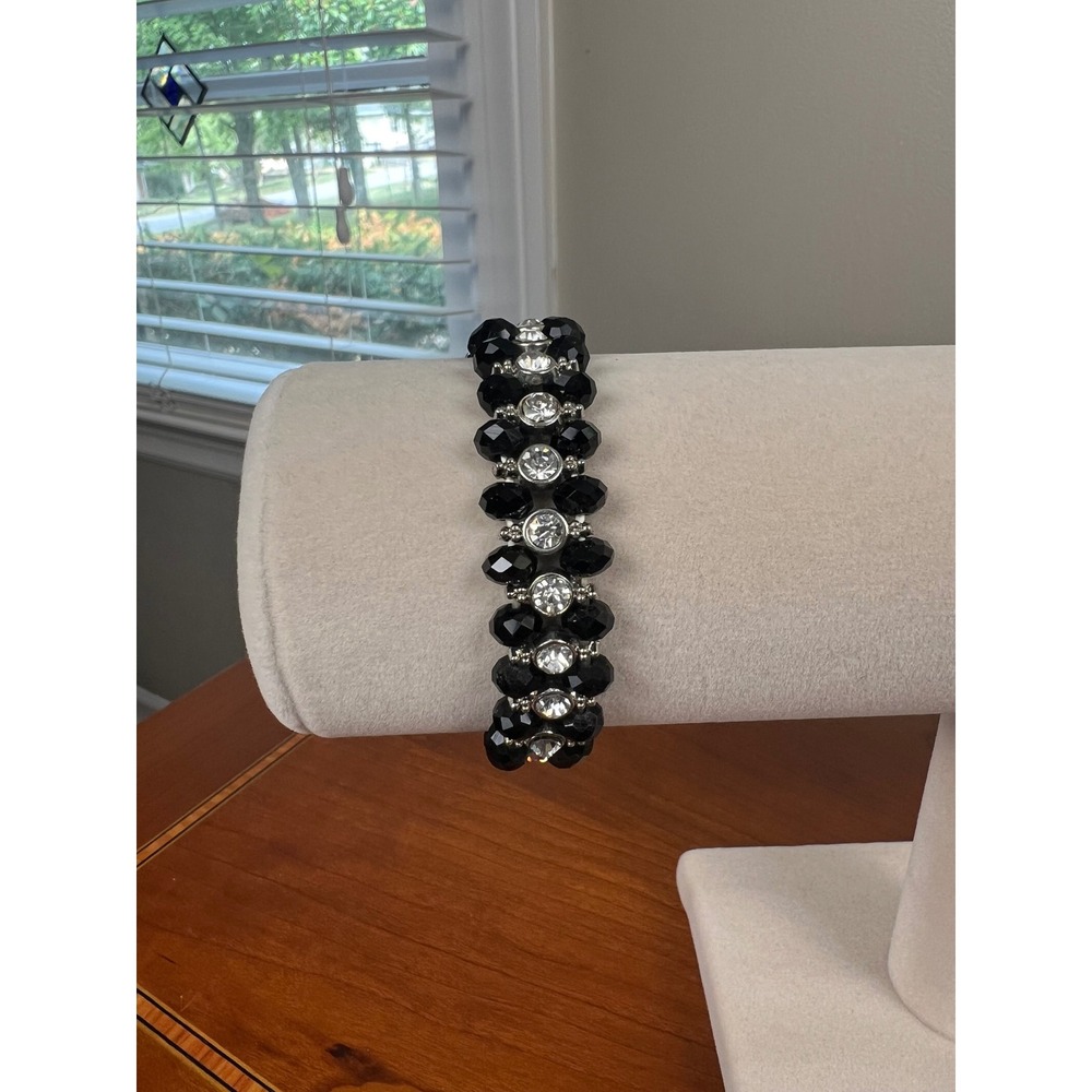 Black Faceted Bead Stretch Bracelet Clear Rhinestone Silver Tone Triple Row